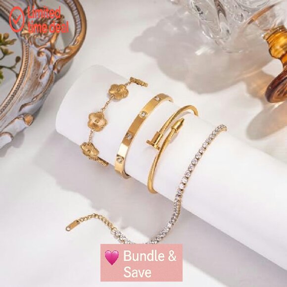 18K Gold Plated Tennis Bracelet Set, 4-Piece Stackable, Adjustable, Stainless - Picture 4 of 8